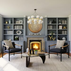 Image of a sitting room with two chairs centered around a lit fireplace. The back wall has built-in bookshelves in a grayish blue color. 