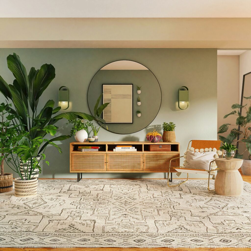 Interior design of a living room which includes a large potted plant and a circular mirror 
